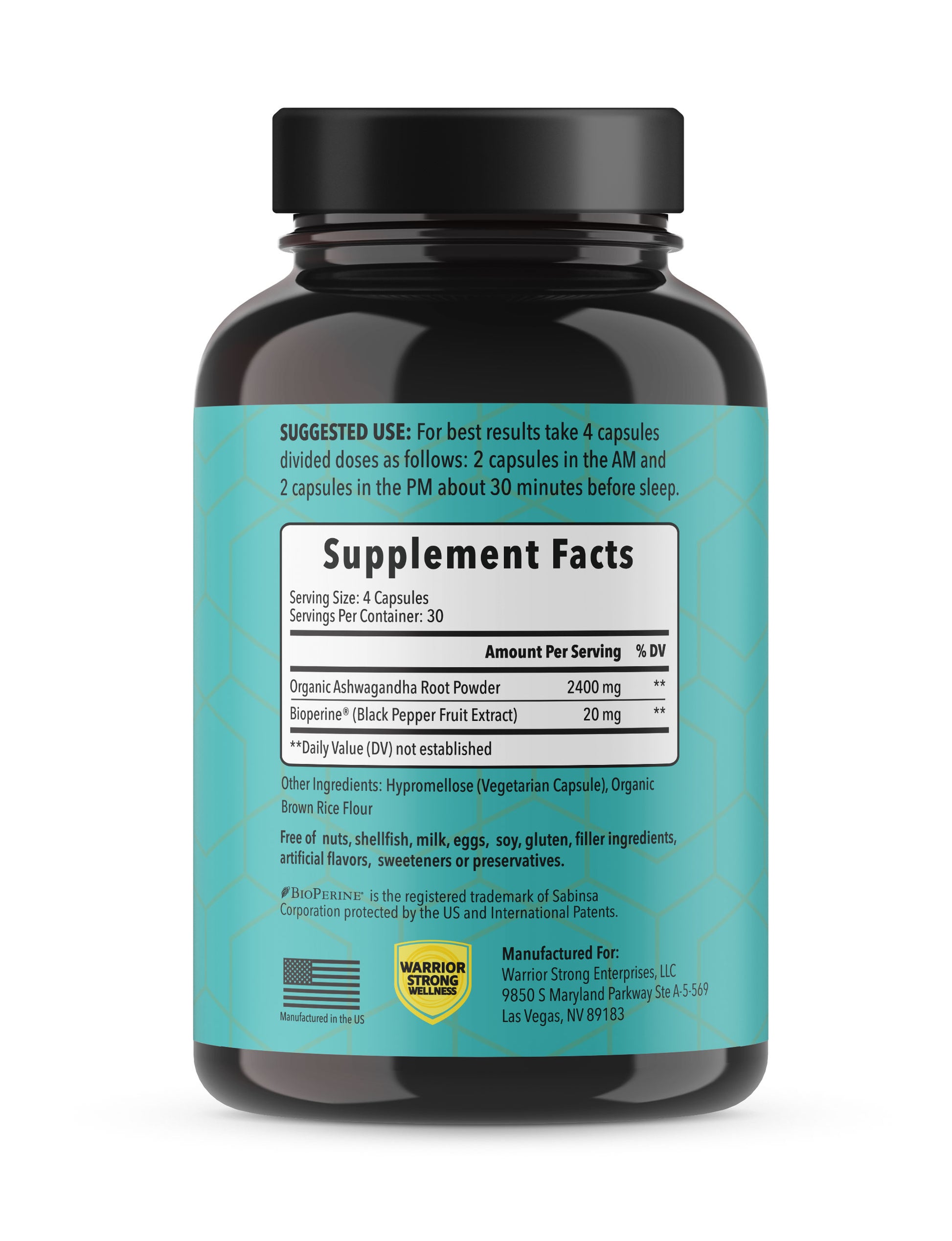 Ashwagandha Supplement Facts label with white background