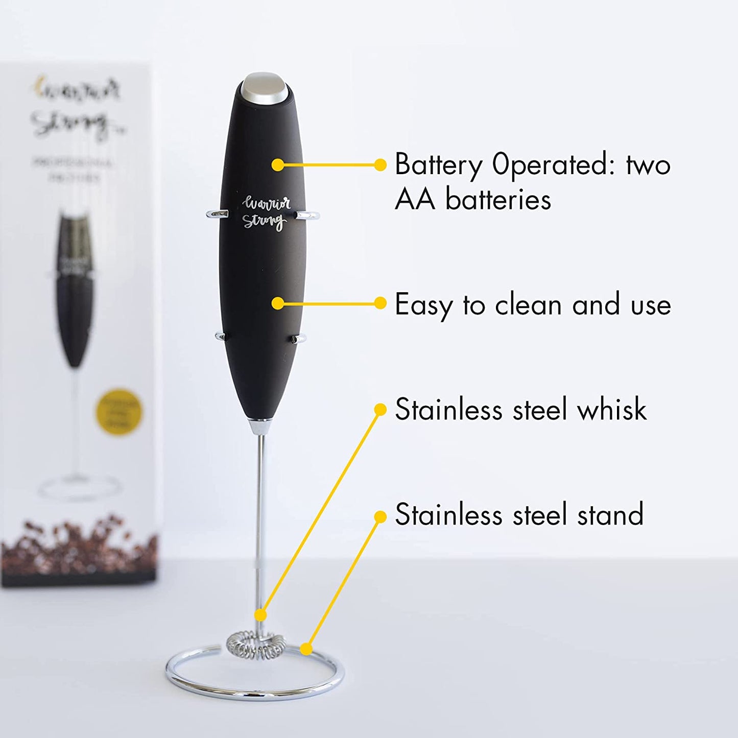 Warrior Strong Wellness handheld milk frother with a stainless steel whisk and stand, battery-powered design, and easy-to-clean construction for mixing coffee, collagen, and protein drinks.