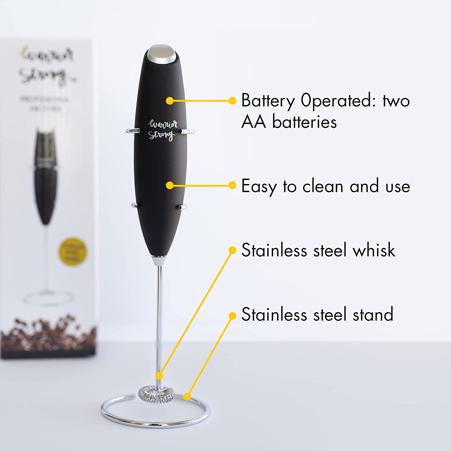Warrior Strong Wellness handheld milk frother with a stainless steel whisk and stand, battery-powered design, and easy-to-clean construction for mixing coffee, collagen, and protein drinks.