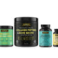 Set of Warrior brand health and wellness products including collagen peptides, bone broth, superfood greens, ashwagandha max, and vitamins on a white background.
