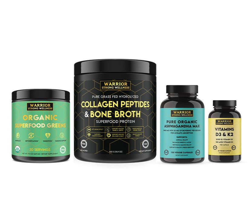 Set of Warrior brand health and wellness products including collagen peptides, bone broth, superfood greens, ashwagandha max, and vitamins on a white background.