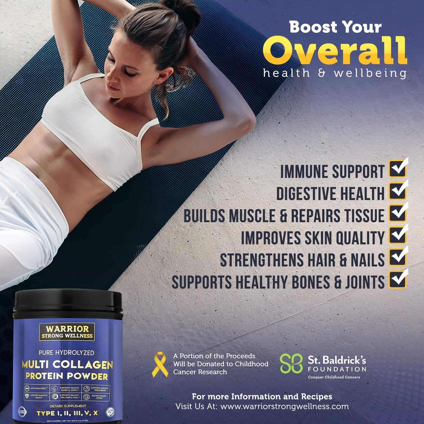 Warrior Strong Wellness Multi Collagen Protein Powder promoting immune support, digestive health, muscle recovery, healthy skin, hair and nails, and bone and joint health with an active lifestyle image.