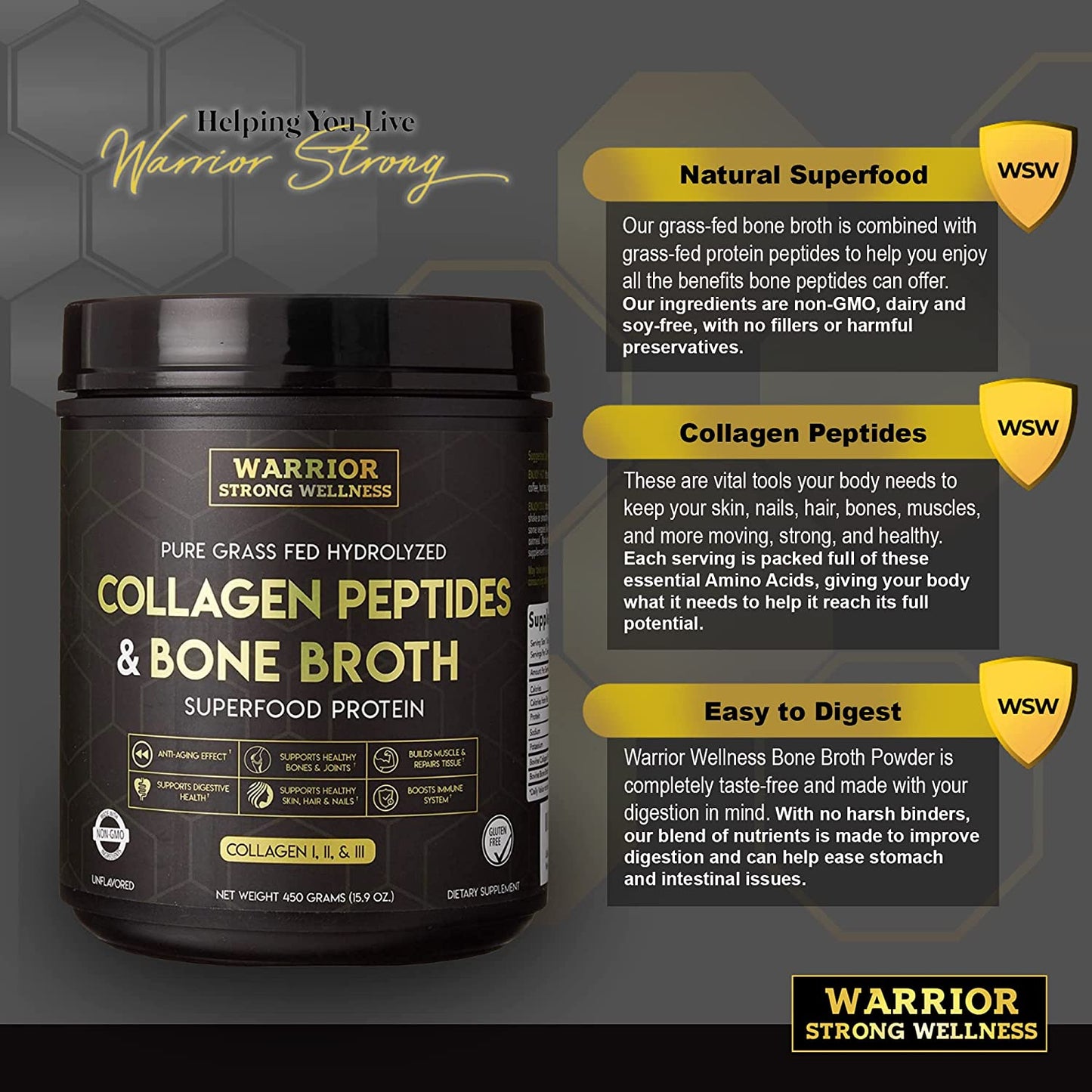 Warrior Strong Wellness collagen peptides and bone broth protein supplement in a black container, with text highlighting grass-fed ingredients, collagen support, and easy digestion.