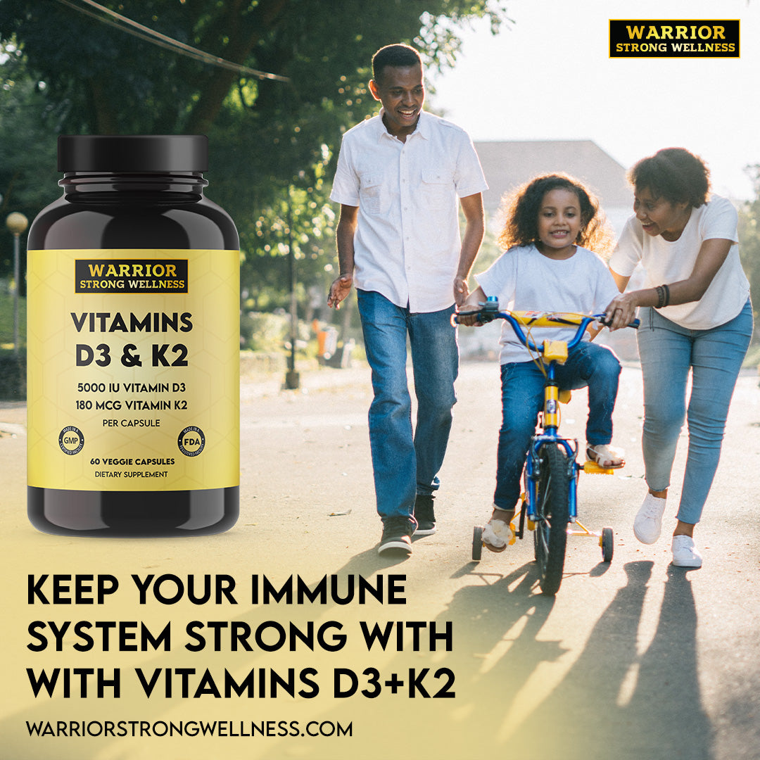 Family enjoying an active outdoor lifestyle with a message promoting Warrior Strong Wellness Vitamins D3 & K2 for immune system support and daily wellness.