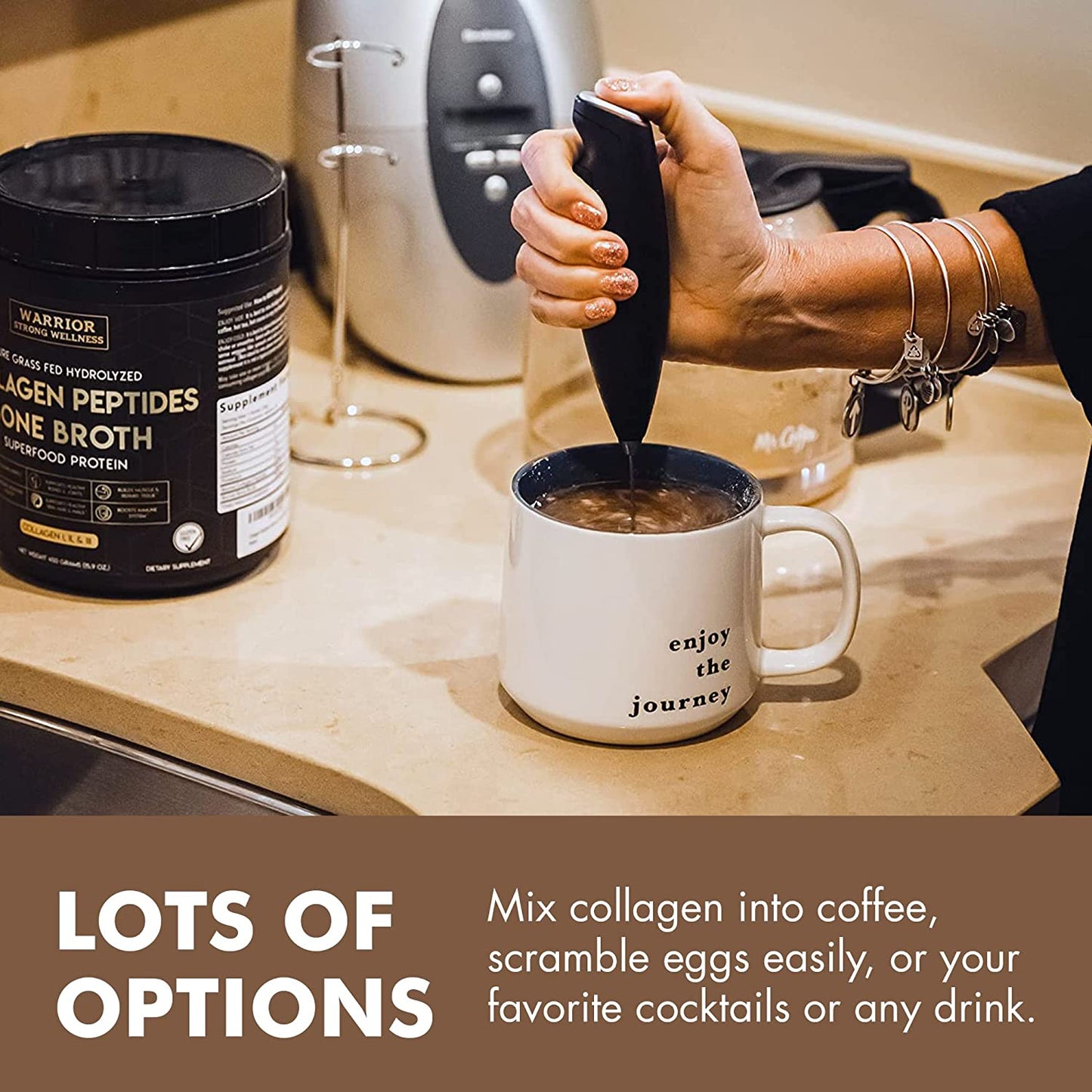 Handheld milk frother blending collagen powder into coffee beside Warrior Strong Wellness Collagen Peptides & Bone Broth, demonstrating easy mixing for drinks and recipes.