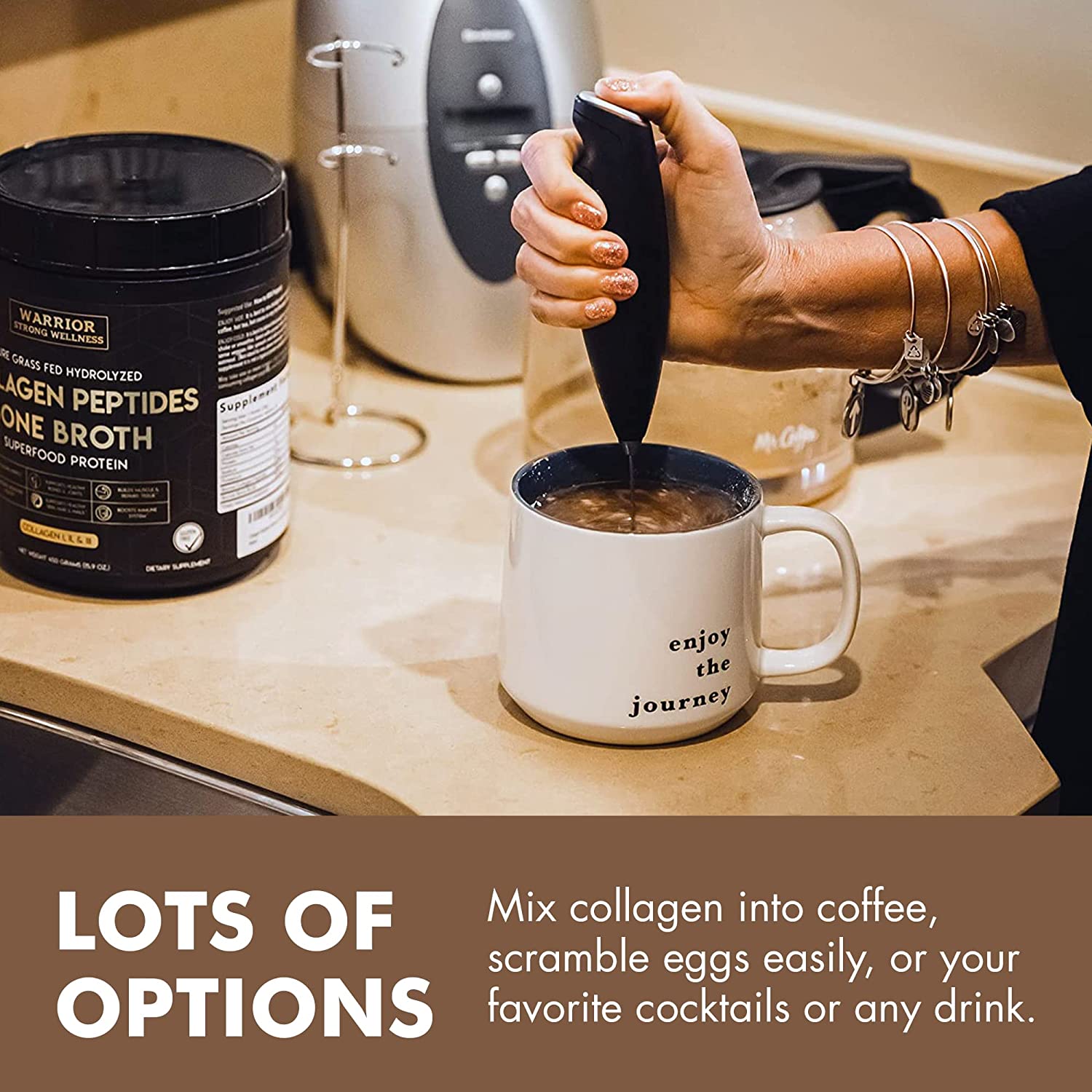 Handheld milk frother blending collagen powder into coffee beside Warrior Strong Wellness Collagen Peptides & Bone Broth, demonstrating easy mixing for drinks and recipes.
