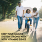 Family enjoying an active outdoor lifestyle with a message promoting Warrior Strong Wellness Vitamins D3 & K2 for immune system support and daily wellness.