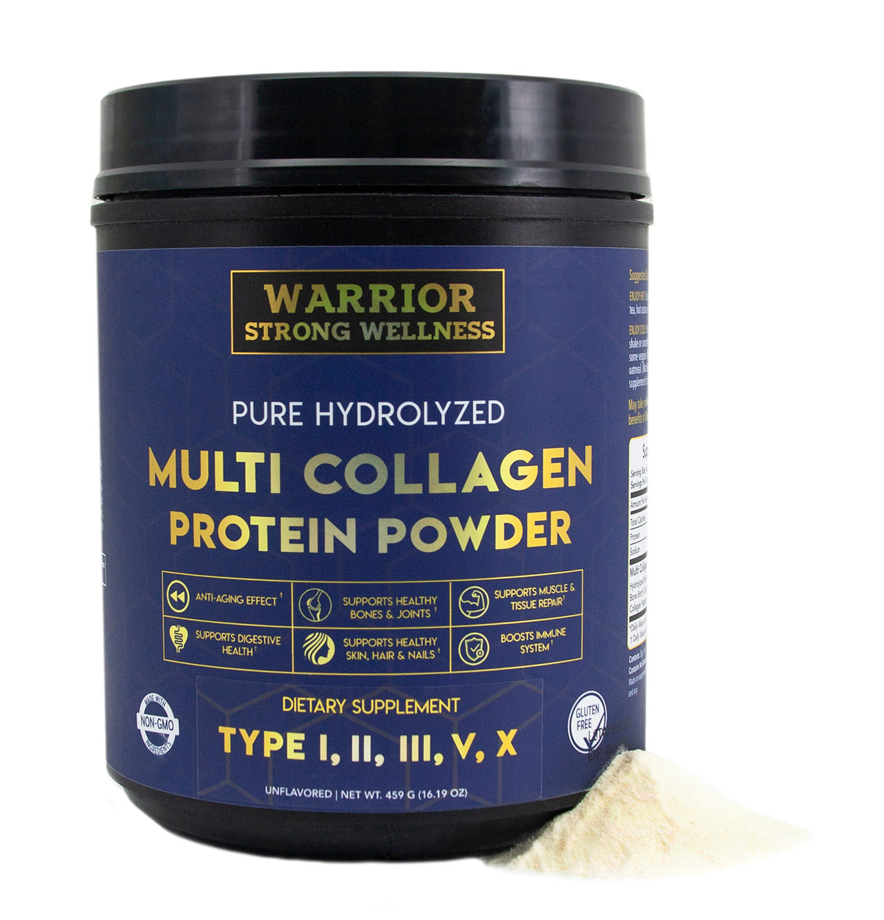 Warrior Strong Wellness Pure Hydrolyzed Multi Collagen Protein Powder with collagen Types I, II, III, V, and X and unflavored collagen powder for daily wellness support.