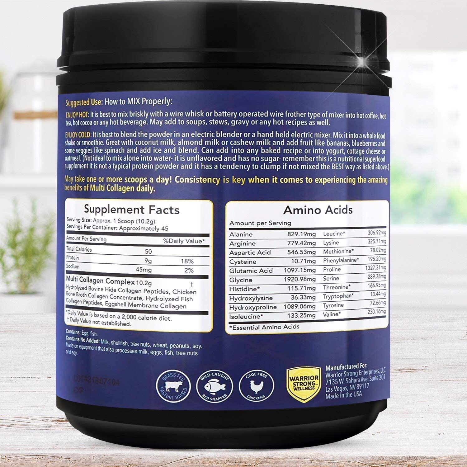 Back label of Warrior Strong Wellness Multi Collagen Protein Powder showing mixing directions, Supplement Facts, amino acid profile, and ingredient information.