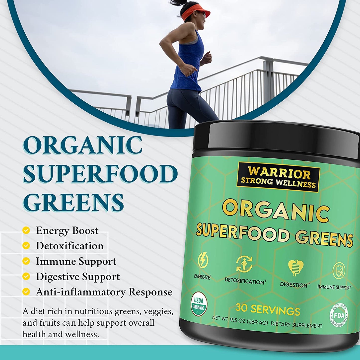 Warrior Strong Wellness Organic Superfood Greens supplement with benefits including energy, detoxification, immune health, digestion support, and anti-inflammatory support.
