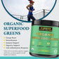 Warrior Strong Wellness Organic Superfood Greens infographic featuring the product container alongside a runner, highlighting benefits including energy boost, detoxification, immune support, digestive support, and anti-inflammatory response. USDA Organic dietary supplement with 30 servings.