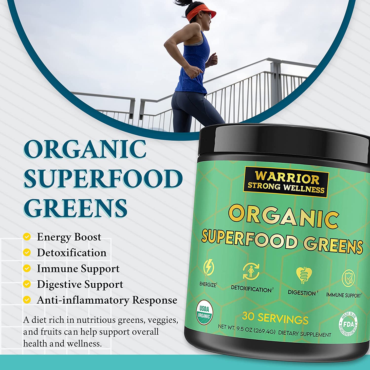 Warrior Strong Wellness Organic Superfood Greens infographic featuring the product container alongside a runner, highlighting benefits including energy boost, detoxification, immune support, digestive support, and anti-inflammatory response. USDA Organic dietary supplement with 30 servings.