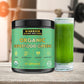Warrior Strong Wellness Organic Superfood Greens powder with a fresh green smoothie, supporting energy, digestion, detoxification, and immune health.