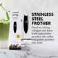 Warrior Strong Professional Frother with stainless steel whisk, packaging, and stand, designed for blending collagen, bone broth, greens, and protein powders into coffee or water.