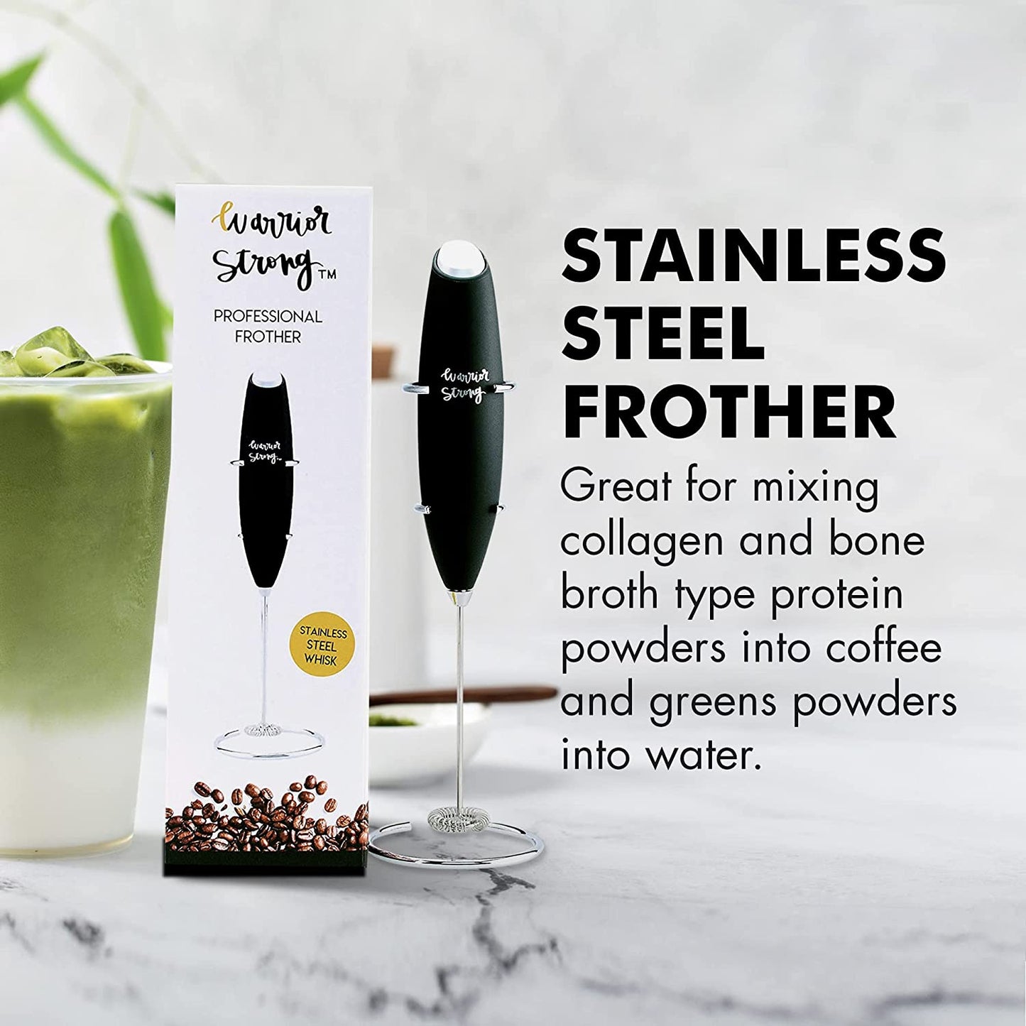 Warrior Strong Professional Frother with stainless steel whisk, packaging, and stand, designed for blending collagen, bone broth, greens, and protein powders into coffee or water.