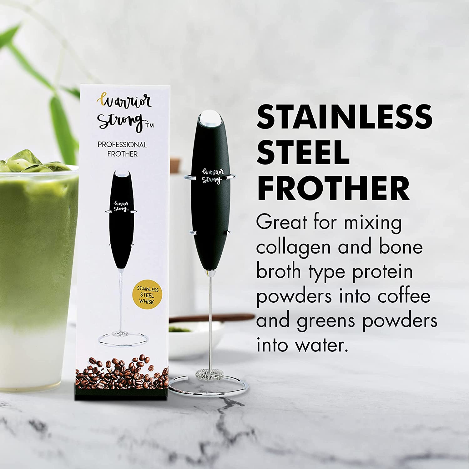 Warrior Strong Professional Frother with stainless steel whisk, packaging, and stand, designed for blending collagen, bone broth, greens, and protein powders into coffee or water.