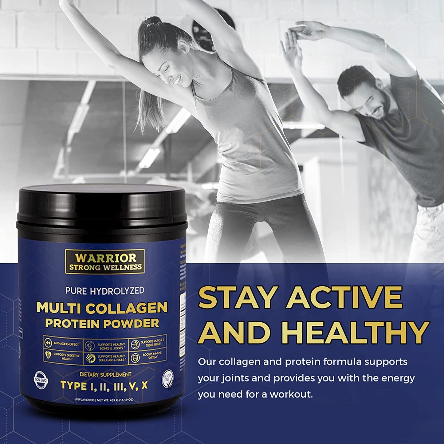 Warrior Strong Wellness Multi Collagen Protein Powder promoting joint support, mobility, and active living alongside a fitness workout scene.