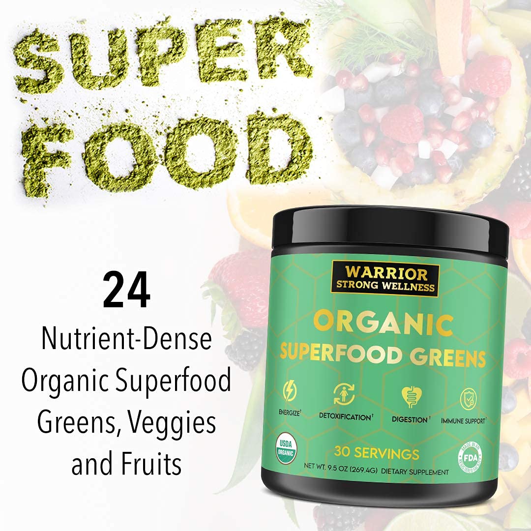Warrior Strong Wellness Organic Superfood Greens with 24 nutrient-dense organic superfoods, fruits, and vegetables to support energy, digestion, detoxification, and immune health.