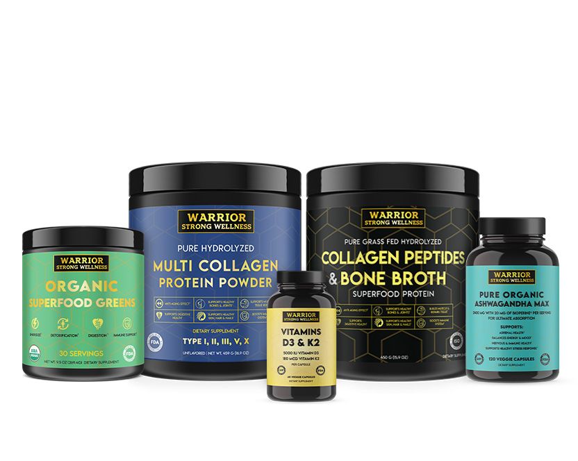 Collection of Warrior Strong Wellness health and wellness products on a white background