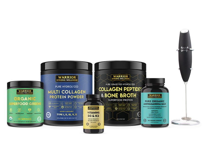 Collection of Warrior supplement products including protein powders and capsules on a white background.