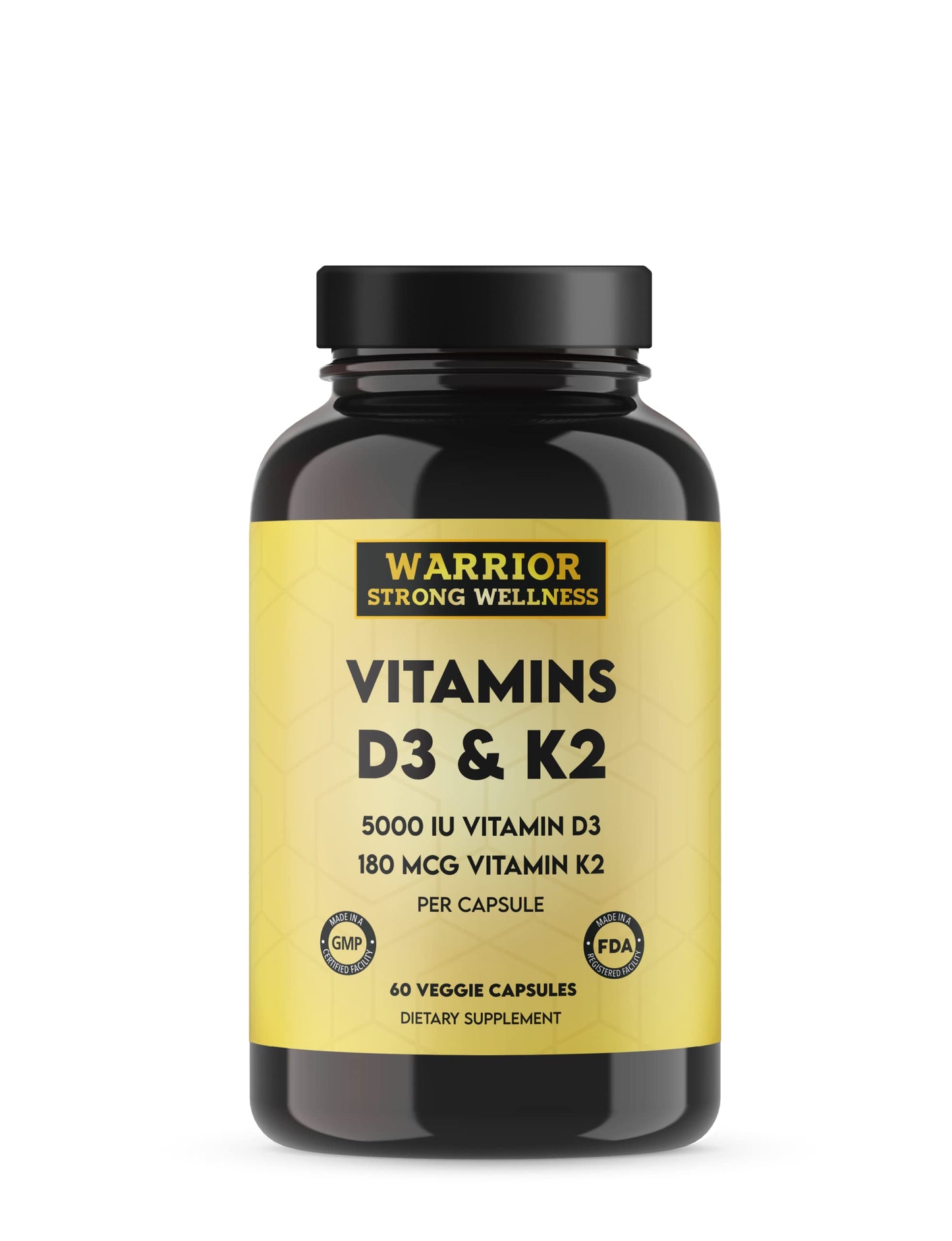 Warrior Strong Wellness Vitamins D3 & K2 with 5,000 IU vitamin D3 and 180 mcg vitamin K2 for bone, immune, and heart health.