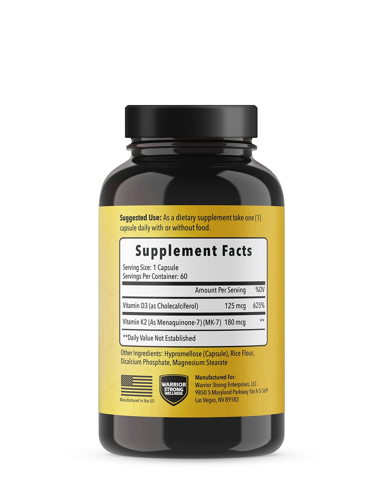 Back label of Warrior Strong Wellness Vitamins D3 & K2 showing Supplement Facts, ingredients, and suggested daily use.
