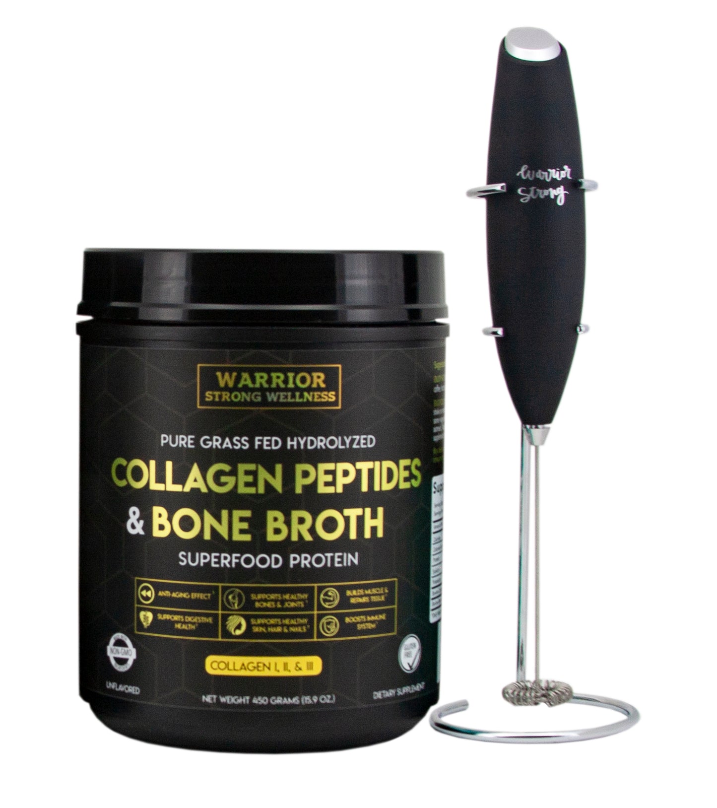 Collagen Peptides and Bone Broth Protein Powder Bundle with Frother