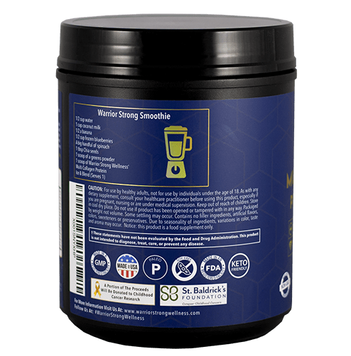 Back label of Warrior Strong Wellness Multi Collagen Protein Powder featuring a smoothie recipe, supplement facts, certifications, and product information.