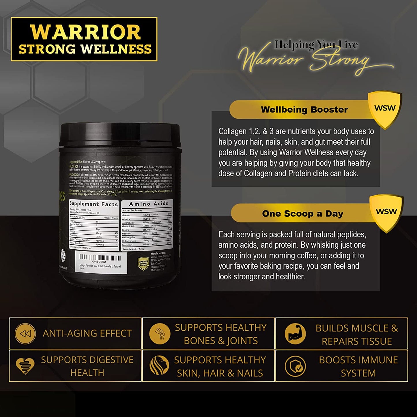 Warrior Strong Wellness Collagen Peptides & Bone Broth benefits infographic highlighting one-scoop daily use, collagen support, muscle recovery, joint health, digestive health, healthy skin, hair and nails, and immune support.