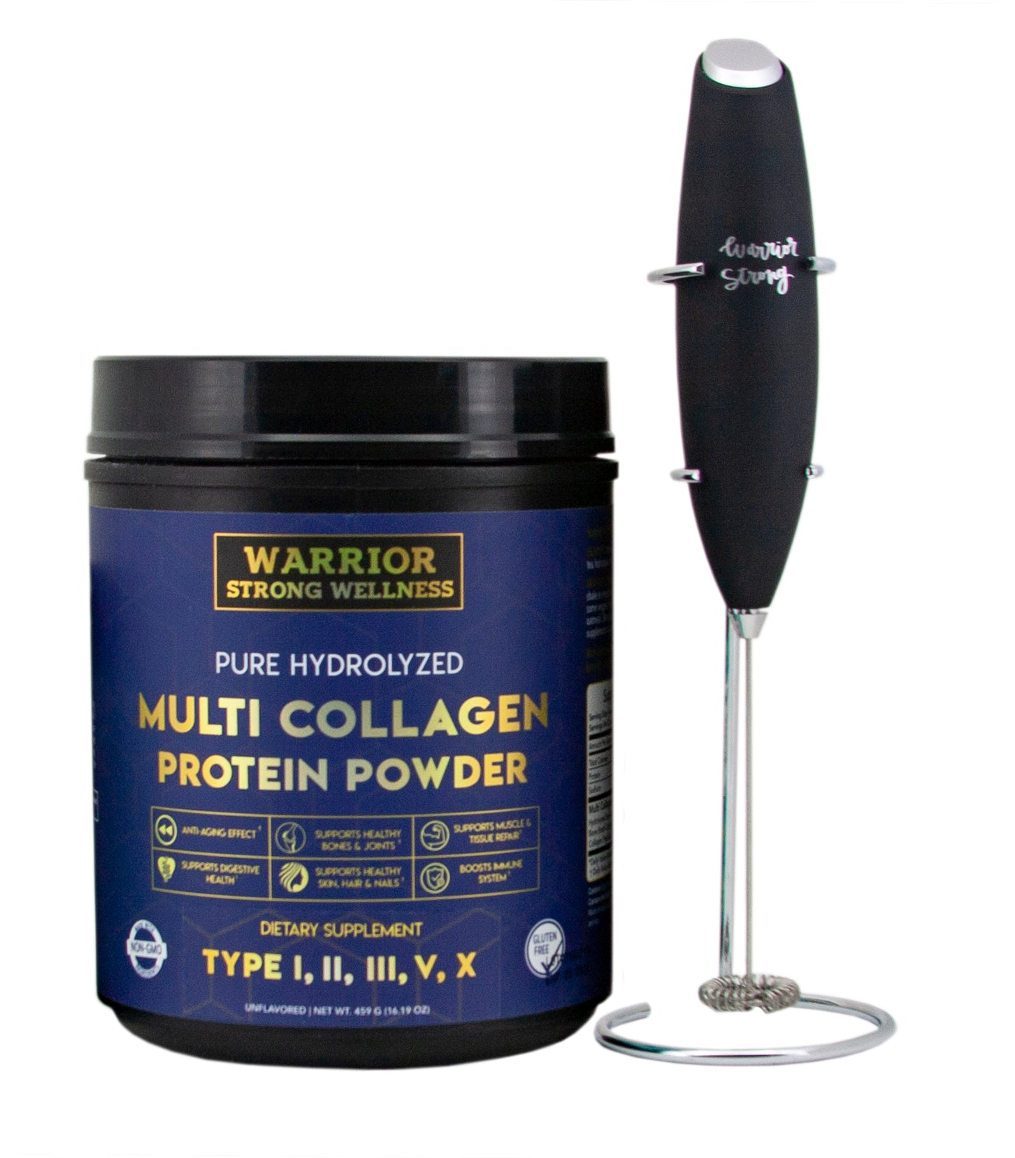Warrior Strong Wellness multi collagen protein powder with a whisk on a white background