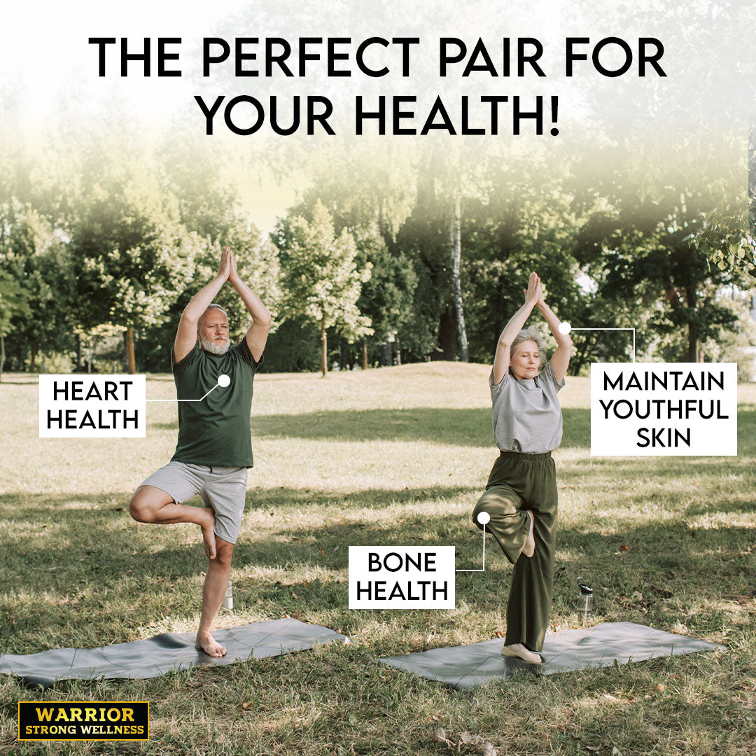Warrior Strong Wellness healthy aging graphic featuring older adults practicing yoga to represent heart health, bone health, youthful skin, and overall wellness.