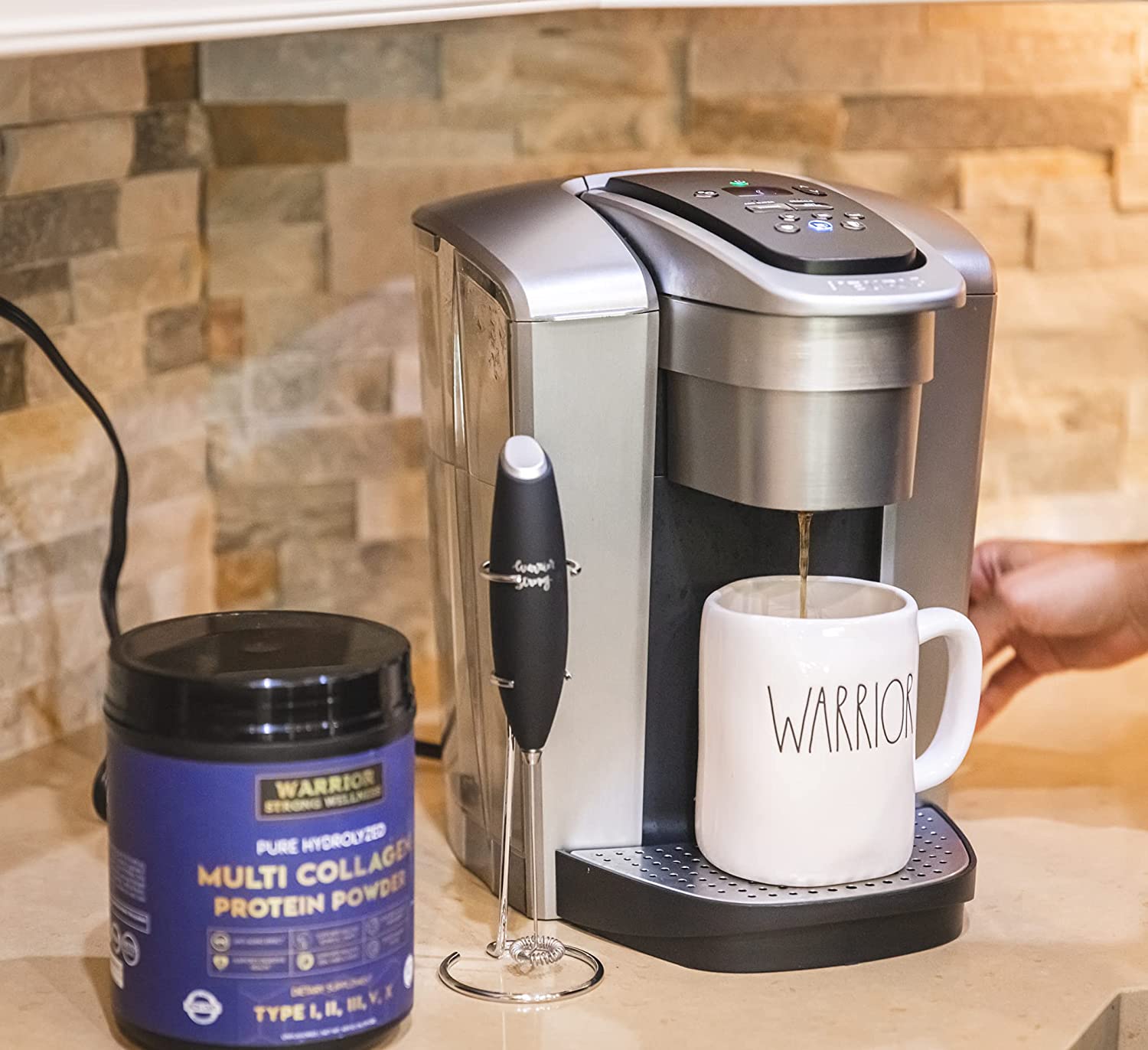 Warrior Strong Wellness Multi Collagen Protein Powder next to a fresh cup of coffee, showcasing an easy daily collagen routine to support skin, joints, muscles, hair, and nails.