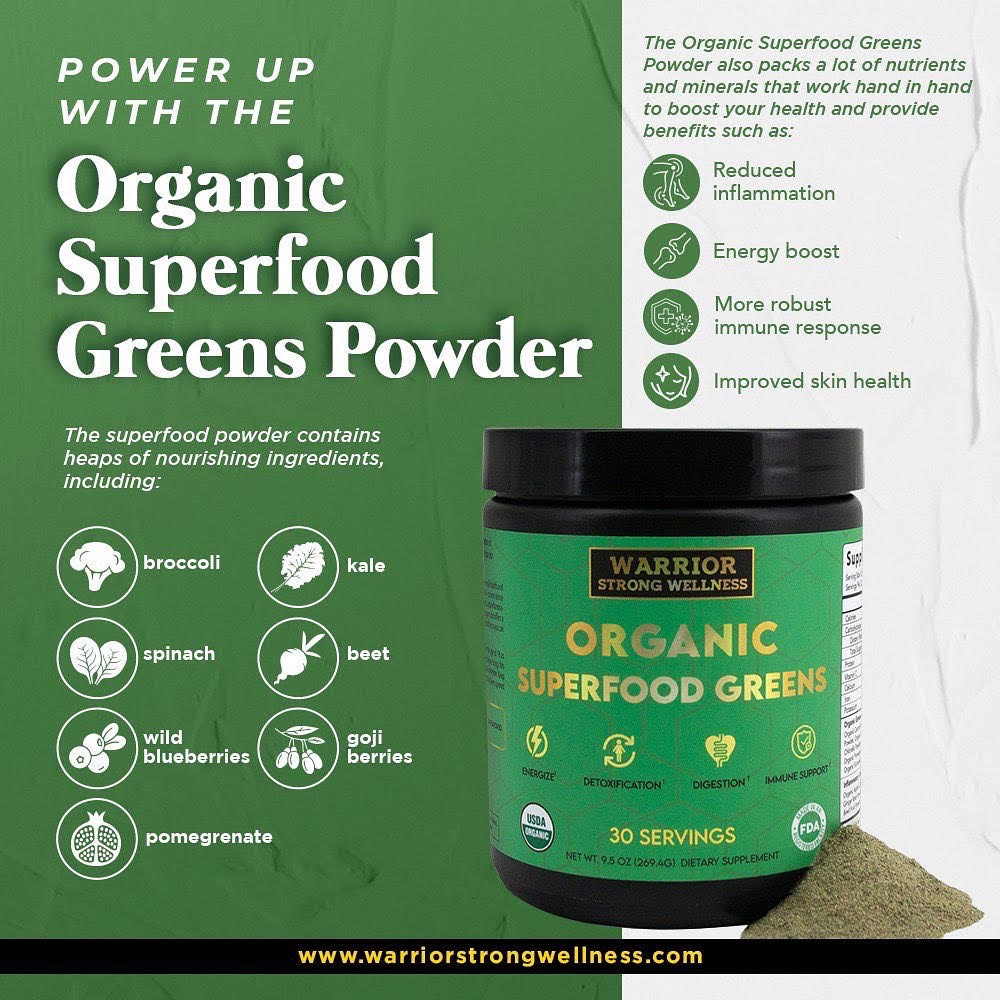 Warrior Strong Wellness Organic Superfood Greens Powder with nutrient-rich superfoods including broccoli, kale, spinach, berries, and beets to support energy, immunity, skin health, and a healthy inflammatory response.