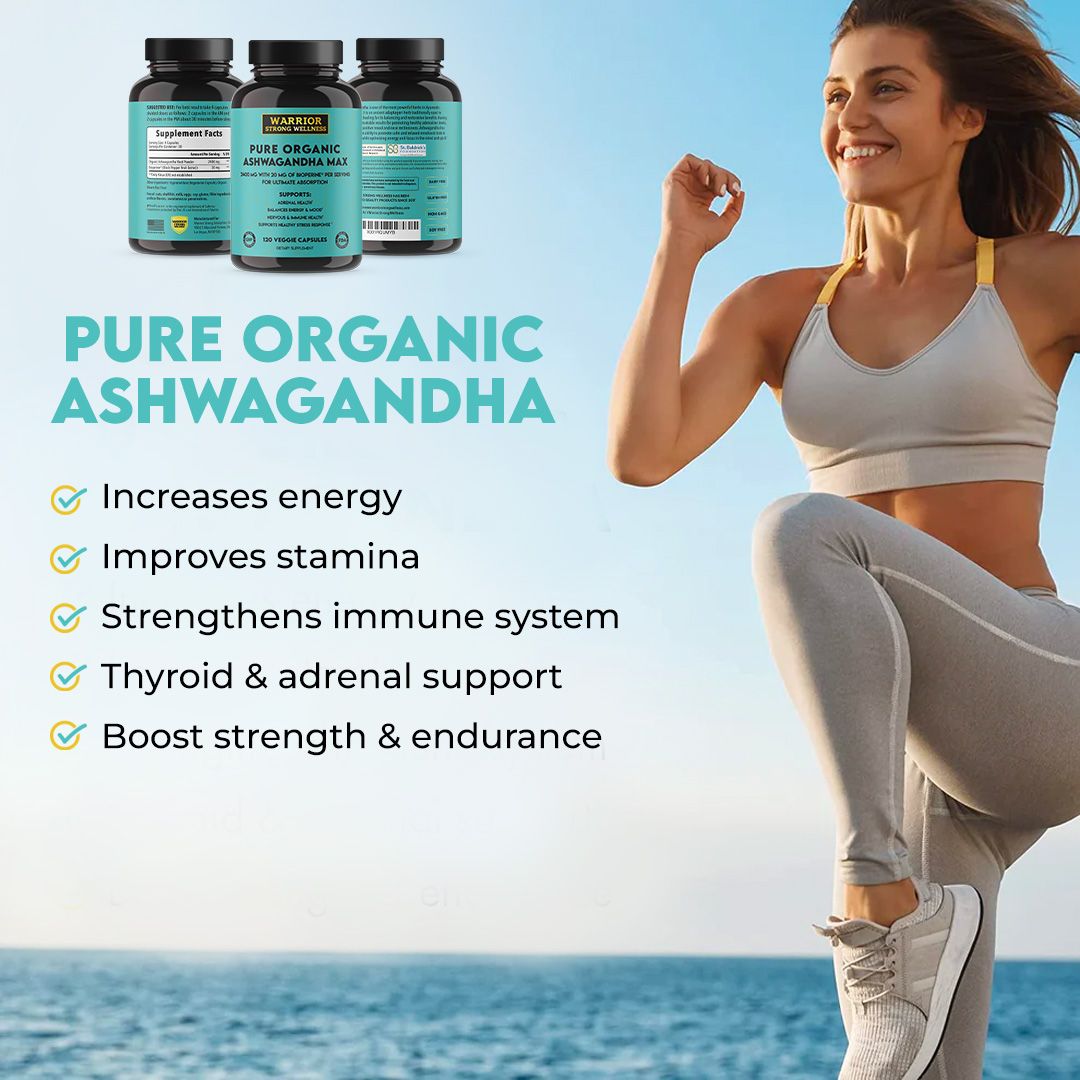 Warrior Strong Wellness Pure Organic Ashwagandha Max promoting increased energy, stamina, immune support, thyroid and adrenal health, and strength and endurance with an active lifestyle image.