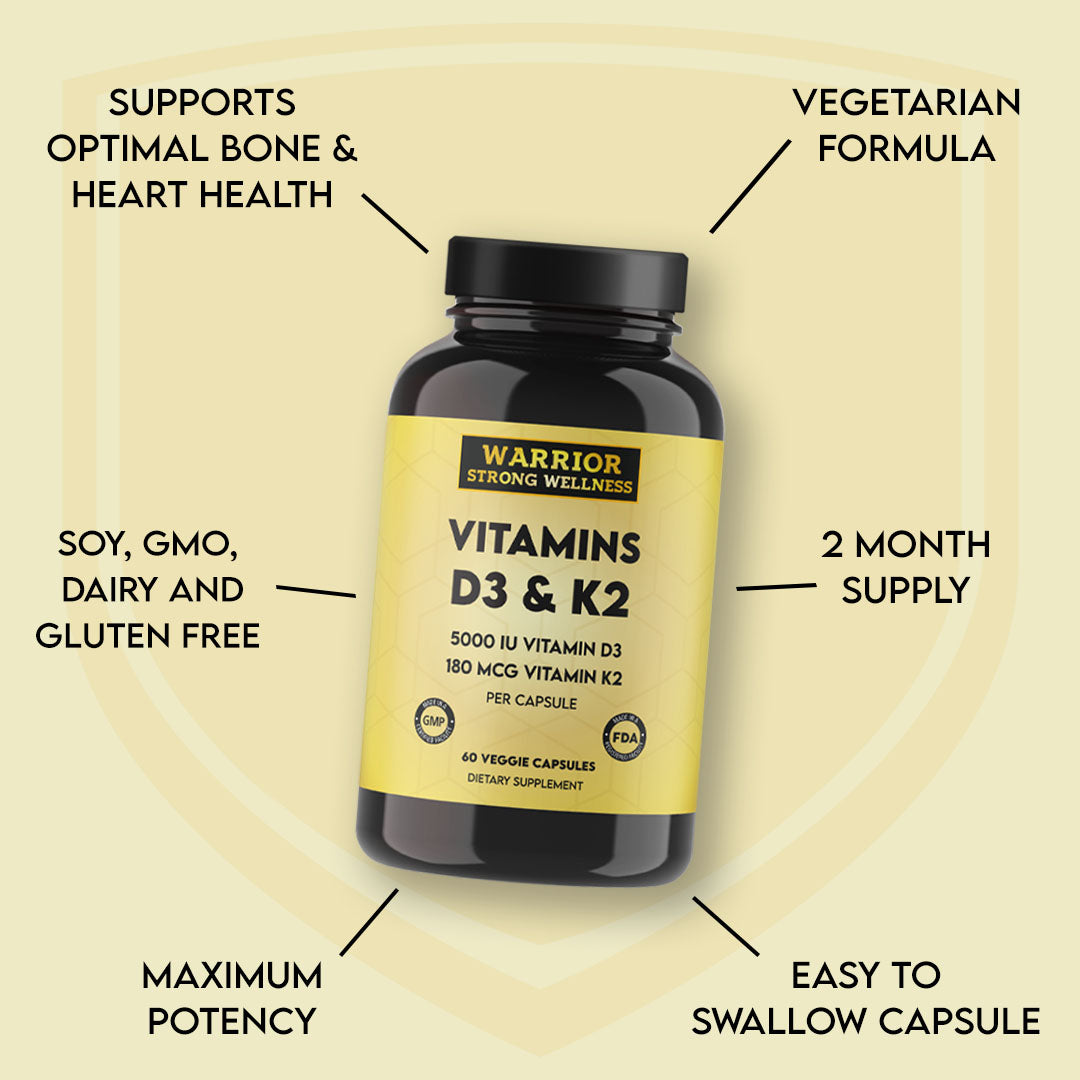 Warrior Strong Wellness Vitamins D3 & K2 with a maximum-potency vegetarian formula to support bone and heart health. Soy-, GMO-, dairy-, and gluten-free with a two-month supply.