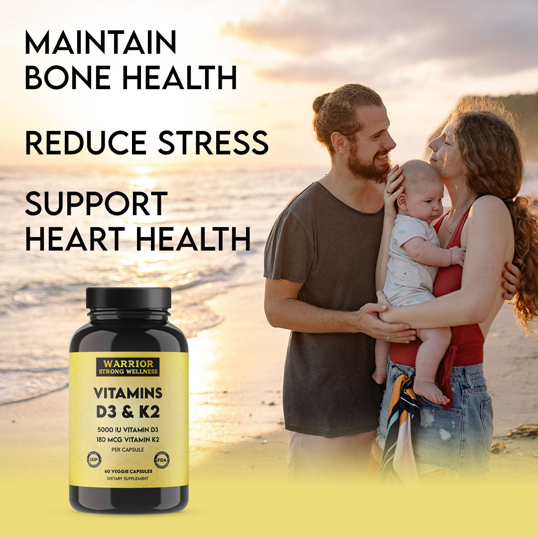 Warrior Strong Wellness Vitamins D3 & K2 supplement promoting bone health, heart health, and daily wellness with a family lifestyle image and 5,000 IU Vitamin D3 plus 180 mcg Vitamin K2.