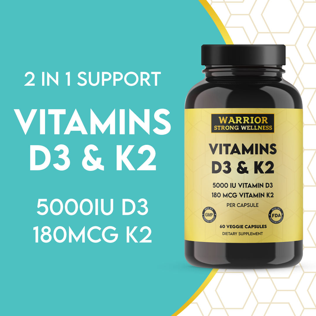Warrior Strong Wellness Vitamins D3 & K2 with 5,000 IU Vitamin D3 and 180 mcg Vitamin K2 to support bone health, immune function, and cardiovascular wellness.