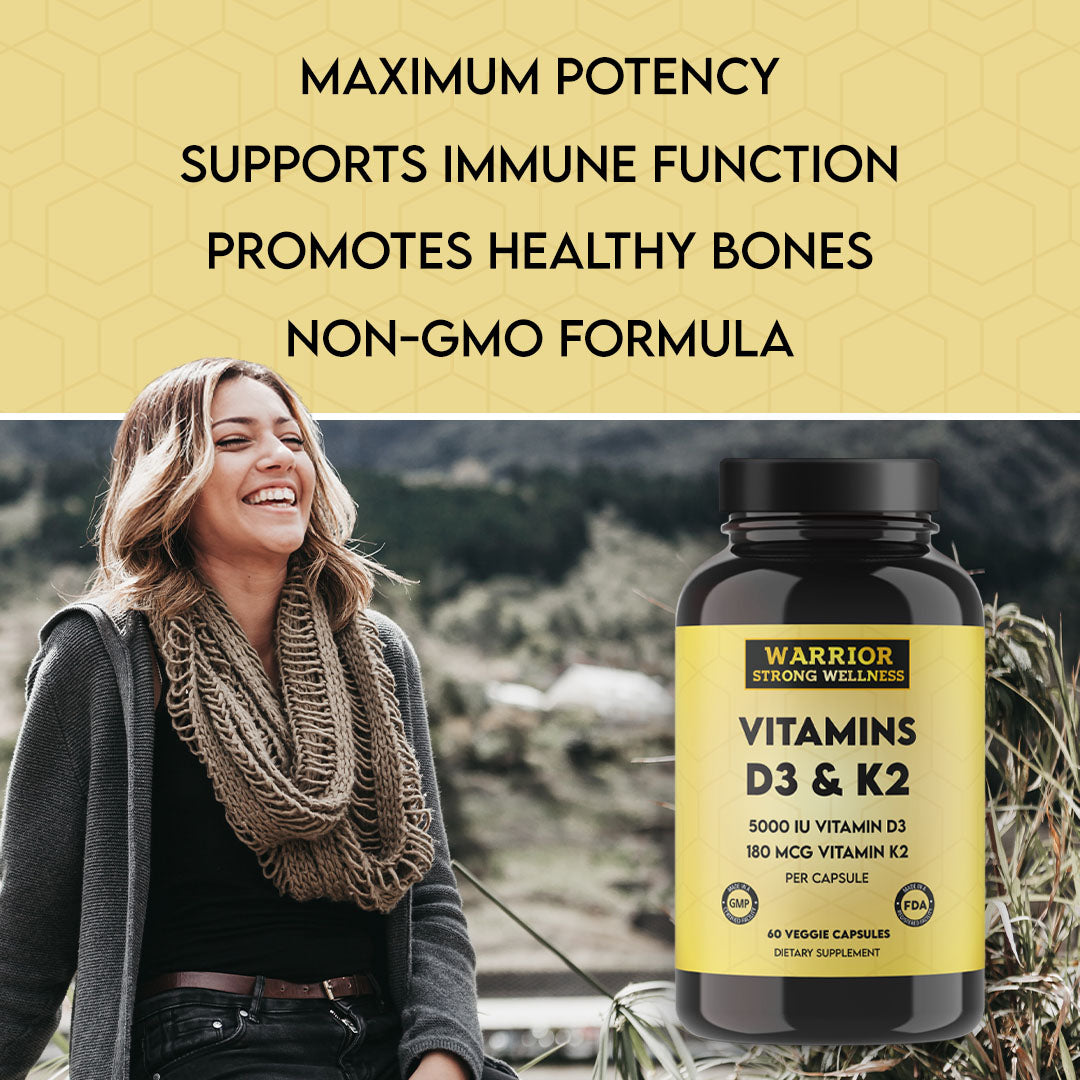 Warrior Strong Wellness Vitamins D3 & K2 with a maximum-potency, non-GMO formula to support immune function, healthy bones, and daily wellness.