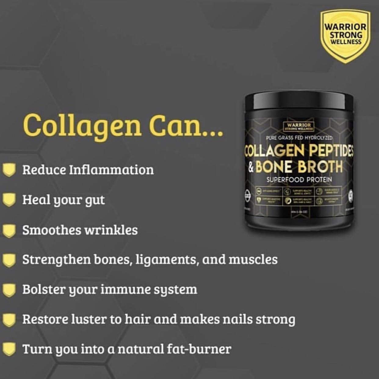 Warrior Strong Wellness Collagen Peptides & Bone Broth supplement infographic featuring collagen benefits for joint health, digestion, skin, hair, nails, muscle support, and immune health.